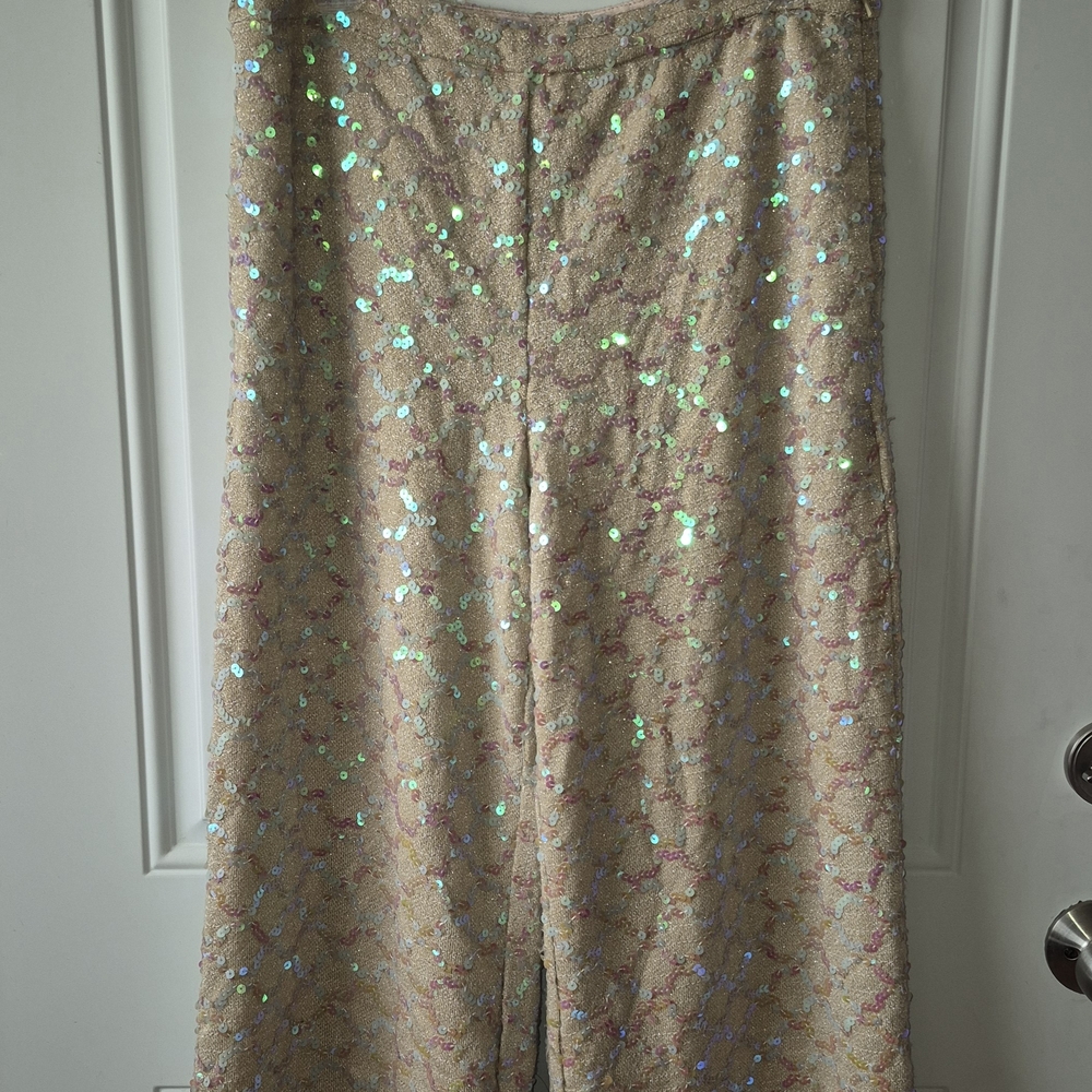 Anthropologie Sequin Wide Leg Pants in Gold and Cream - Picture 2 of 7